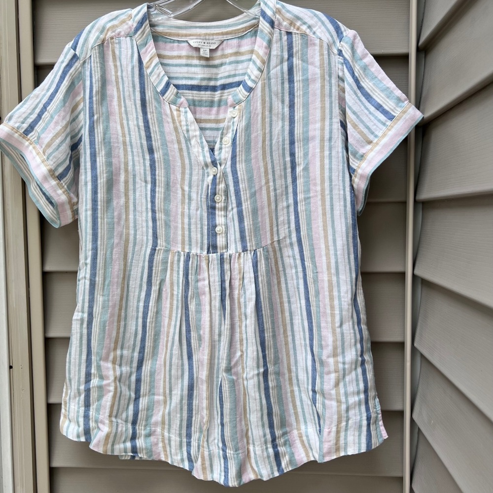 Lucky Brand Women S/P pastel Multi Color Striped Henley Empire Waist Top - Picture 1 of 6